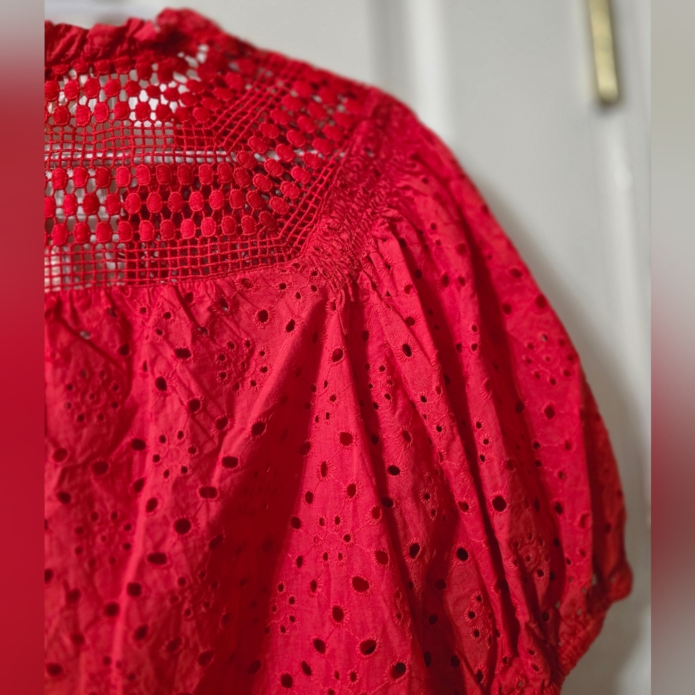 NWT Adiva Red Cotton Crochet & Eyelet Popover Blouse, Puff Sleeves, Boxy Fit. - Picture 9 of 11